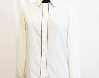 1970s Adolph Schuman Lilli Ann Secretary Blouse Cream and Navy Long Sleeved Blouse