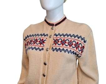 1950s 60s 2 Pc Handmade Cardigan Sweater and Winter Beanie Set Red Blue Cream Wool Fair Isle Argyle