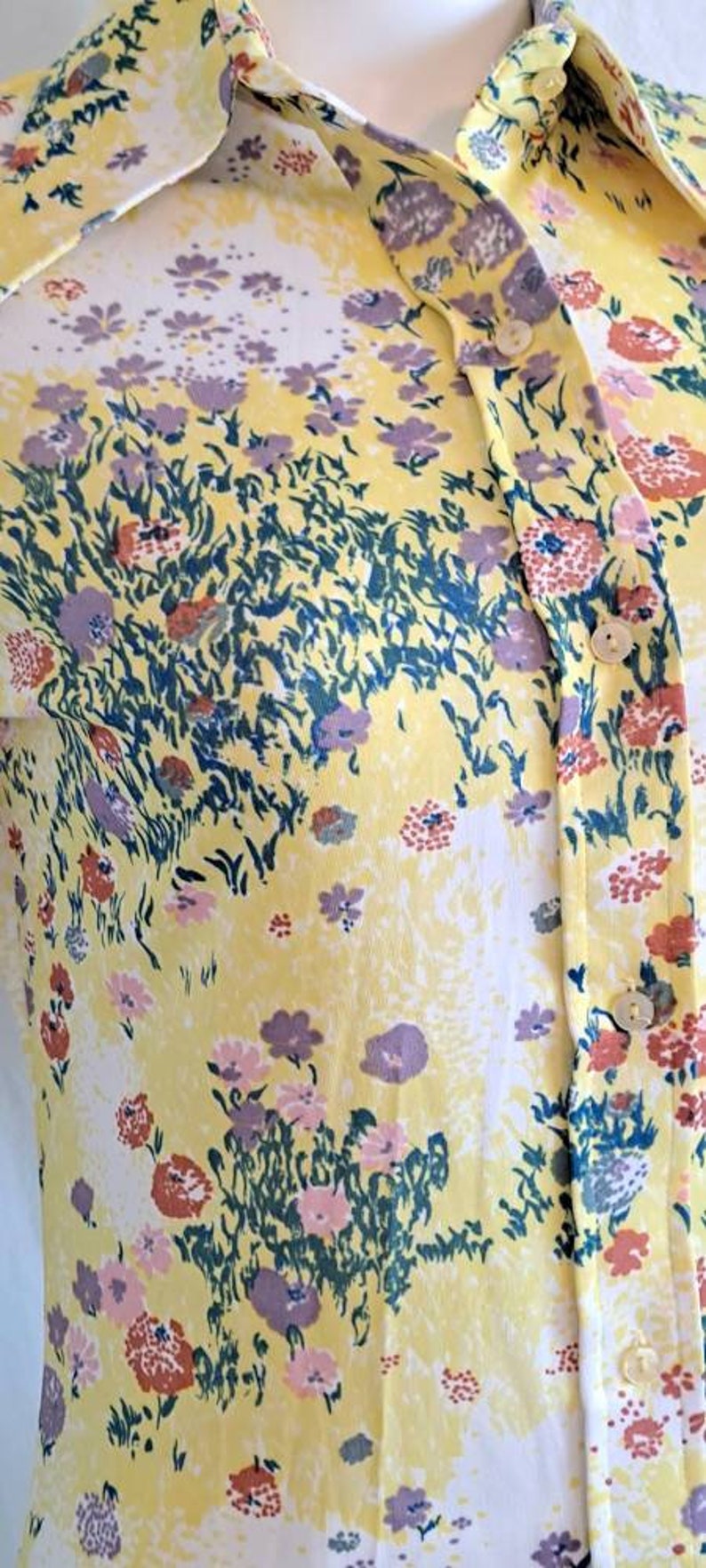 1970s Loubella Extendables Floral Polyester Blouse Large Collar Long Sleeves Button Front Pale Yellow Shirt image 7