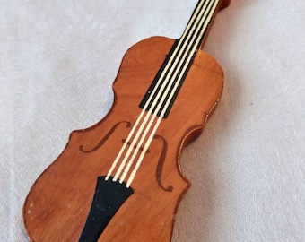 1930s 1940s Carved Painted Wooden Violin Brooch Novelty Jewelry Brooch Musical Pin