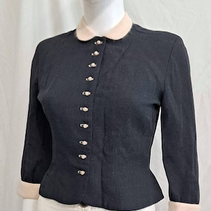1950s Heathered Navy Blue Wool Suit Jacket with Angora Trim Nipped Waist 34 Bust Petite