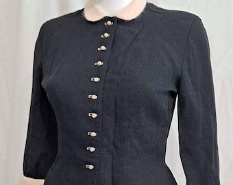 1950s Heathered Navy Blue Wool Suit Jacket with Angora Trim Nipped Waist 34 Bust Petite