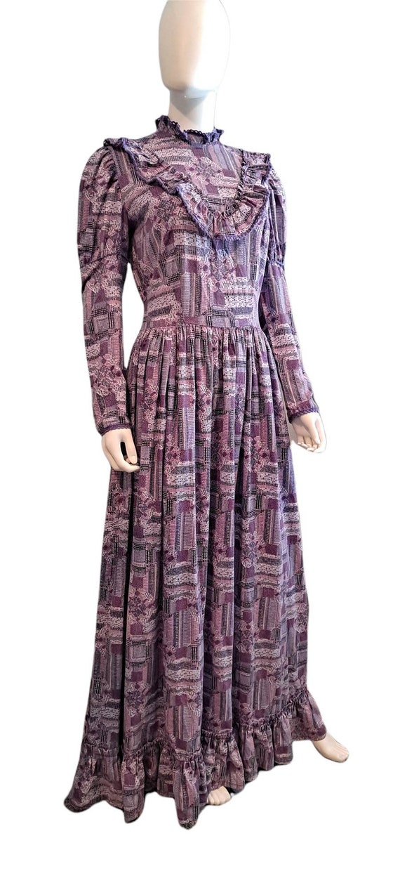 1970s Purple Prairie Maxi Dress Quilt Print Cotto… - image 2