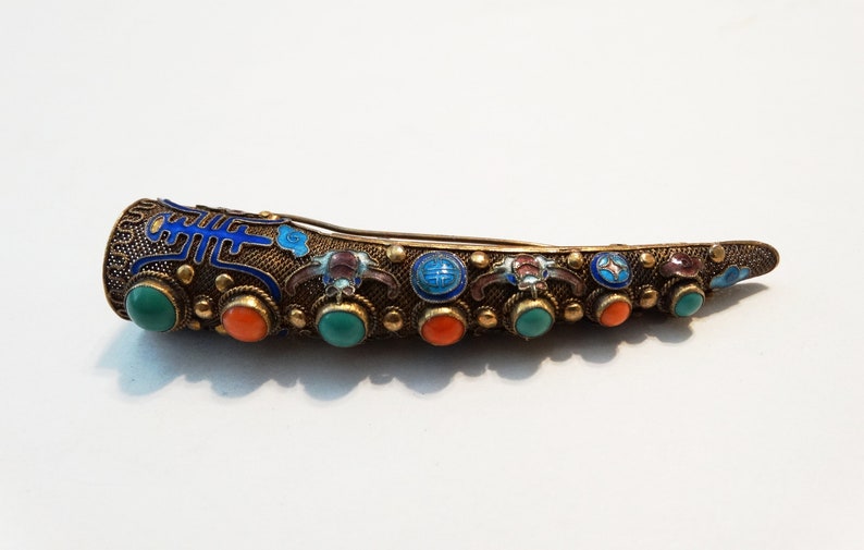 Antique Chinese Export Silver Finger Guard Glass Stone Enamel Silver Finger Guard Brooch Posey Pin