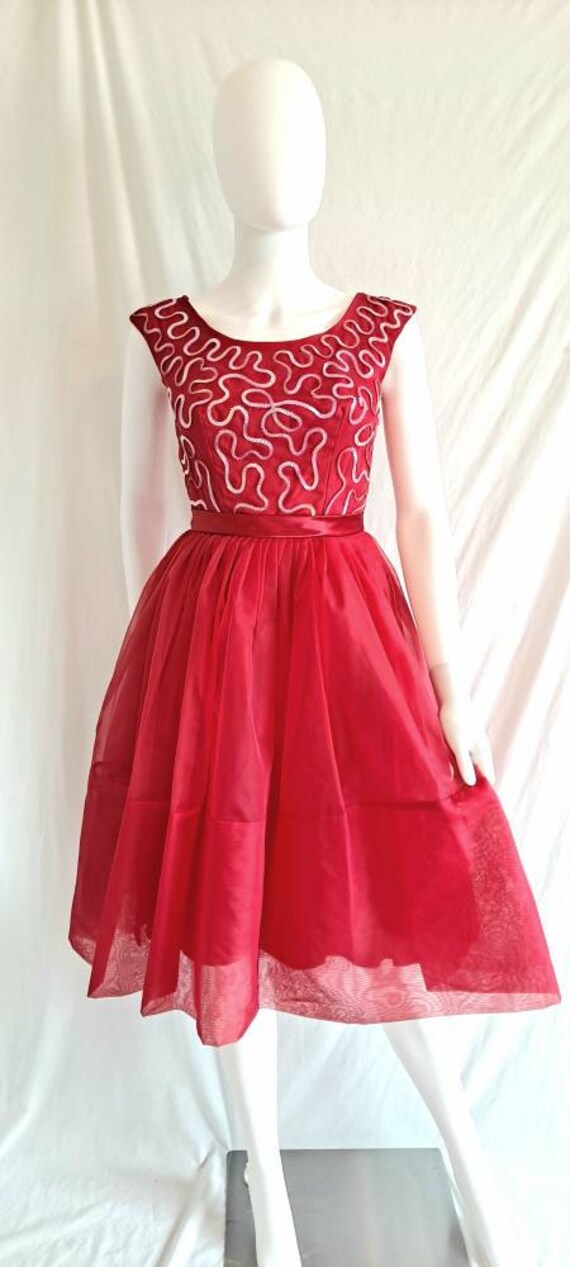 1960s Cherry Red Tulle Party Dress With Sequin Tr… - image 6