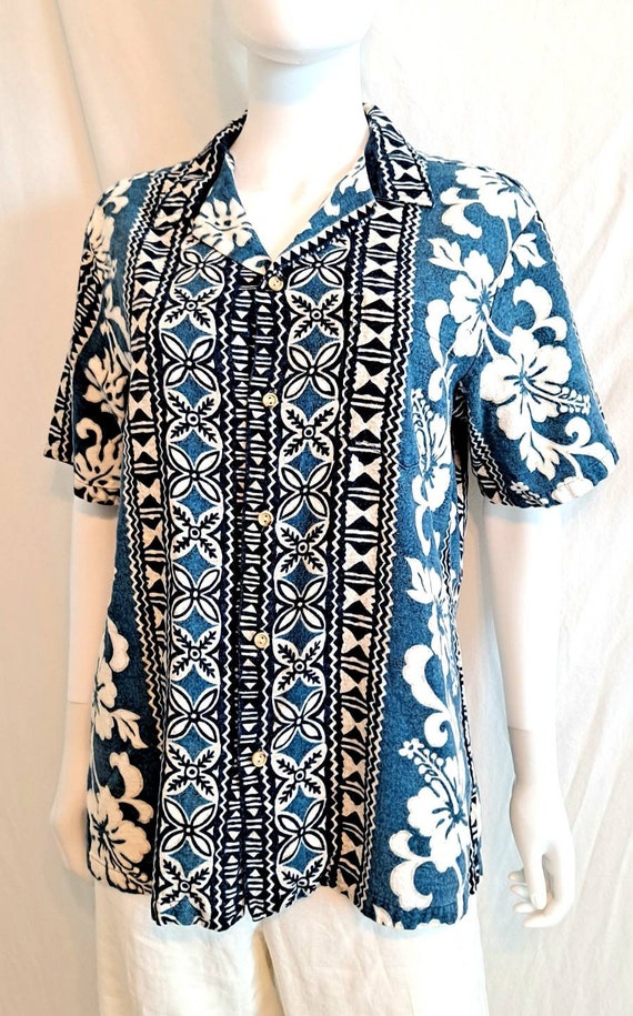 1960s 1970s Mens Blue Hawaiian Print Tiki Shirt S… - image 4
