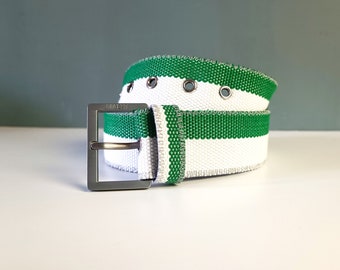 Silver Metal Buckle White Black Upcycled Fire Hose Reversible Belt, Handmade Recycled Sustainable Italian Fashion Accessory, Adventurer Gift