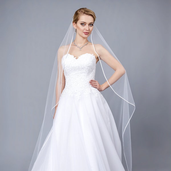 Ruban de satin bord voile de mariée mariage blanc, ruban ivoire voile de mariage voile de mariée bout des doigts cathédrale chapelle valse longueur voile voile de mariée