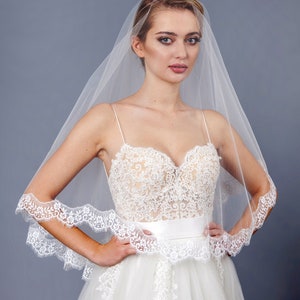 Double Lace Bridal Veil , Lace Wedding Veil,  white ivory soft veil bridal Veil Fingertip Elbow Cathedral Chapel Waltz length bridal veil