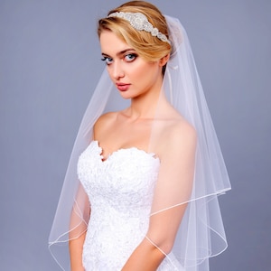 Pencil Edge Soft Veil, Wedding Bridal Veil, ivory Pencil bridal Veil, Elbow Fingertip Chapel Cathedral veil with pencil edge
