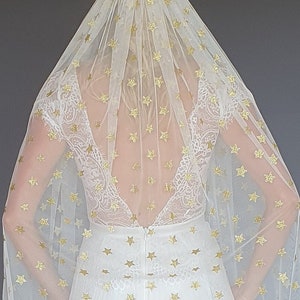 Long gold star celestial wedding veil, Star veil, Moon bridal veil, Glitter bridal veil, Soft star tulle veil, Gold sparkle veil