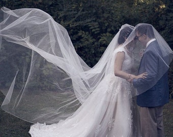 Long veil with blusher Soft Bridal 108, 144  inch classic veil, Wedding Bridal veil diamond white light ivory,  sheer, cathedral veil