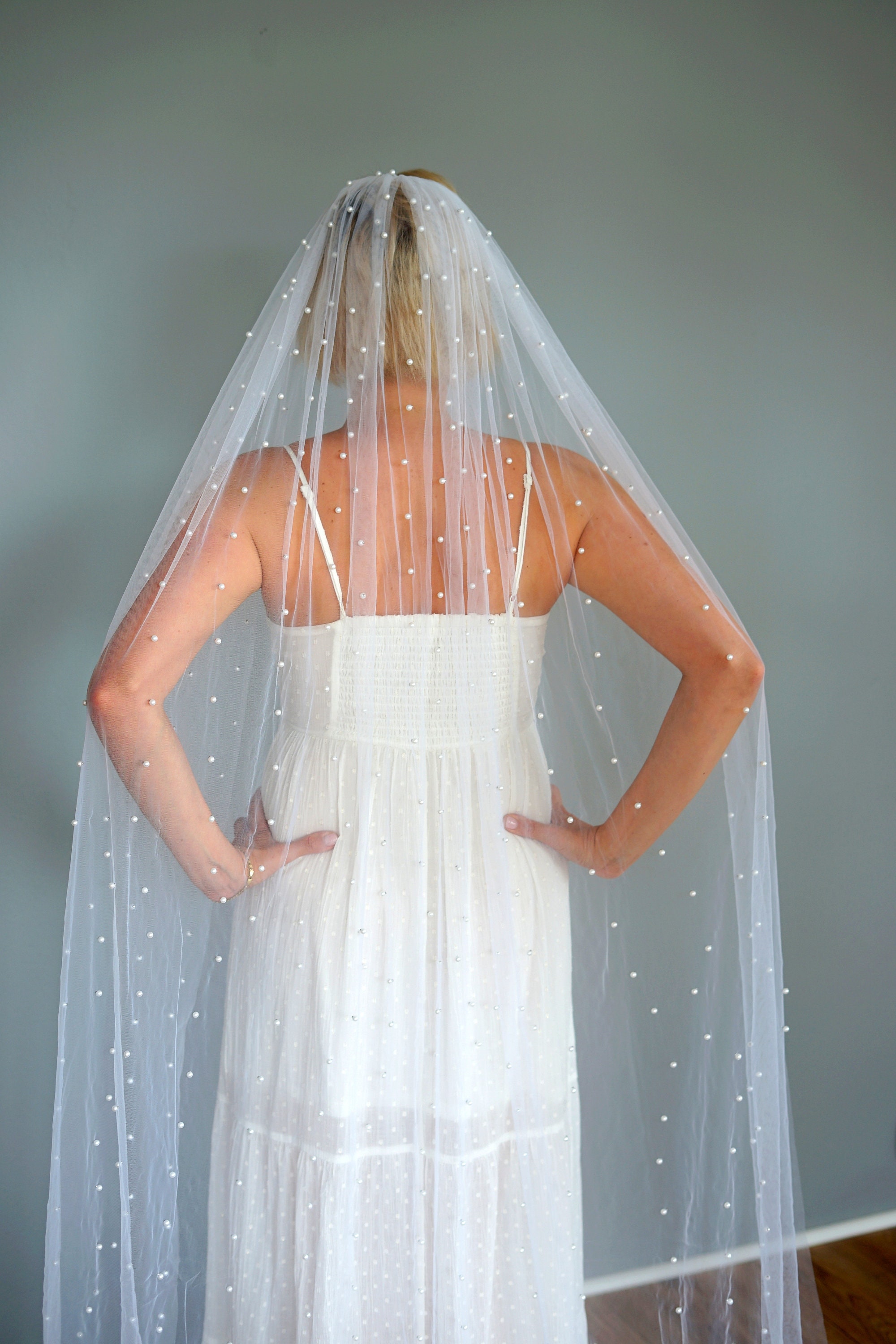 Wedding Veil With Pearls dreamy ✨✨? Elegant New Chicago Ivory Single Tier Long Heavily Embellished Pearl Veil main image 4