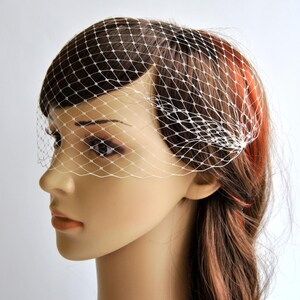May include: White birdcage veil made of fine netting. The veil is worn on a mannequin with brown hair.