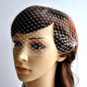 May include: A white birdcage veil with a fine mesh pattern. The veil is worn on a mannequin with brown hair.