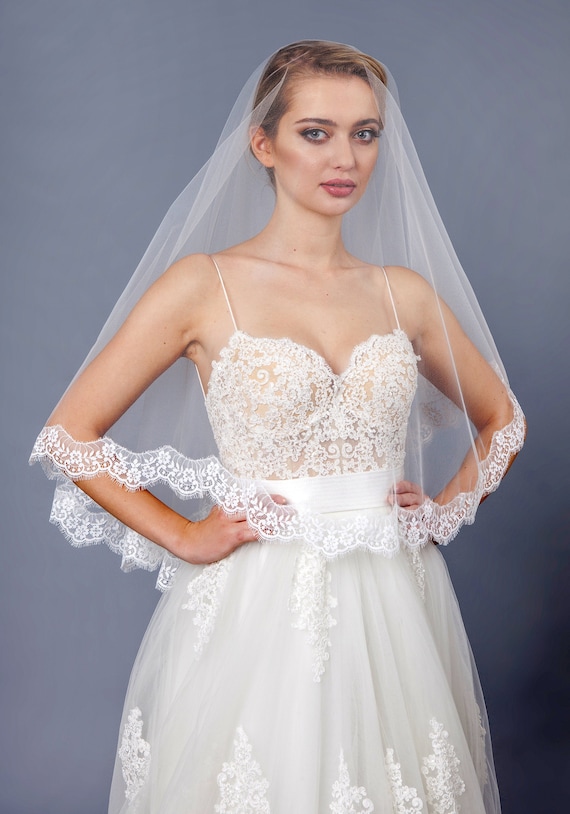 Double Lace Bridal Veil , Lace Wedding Veil, White Ivory 