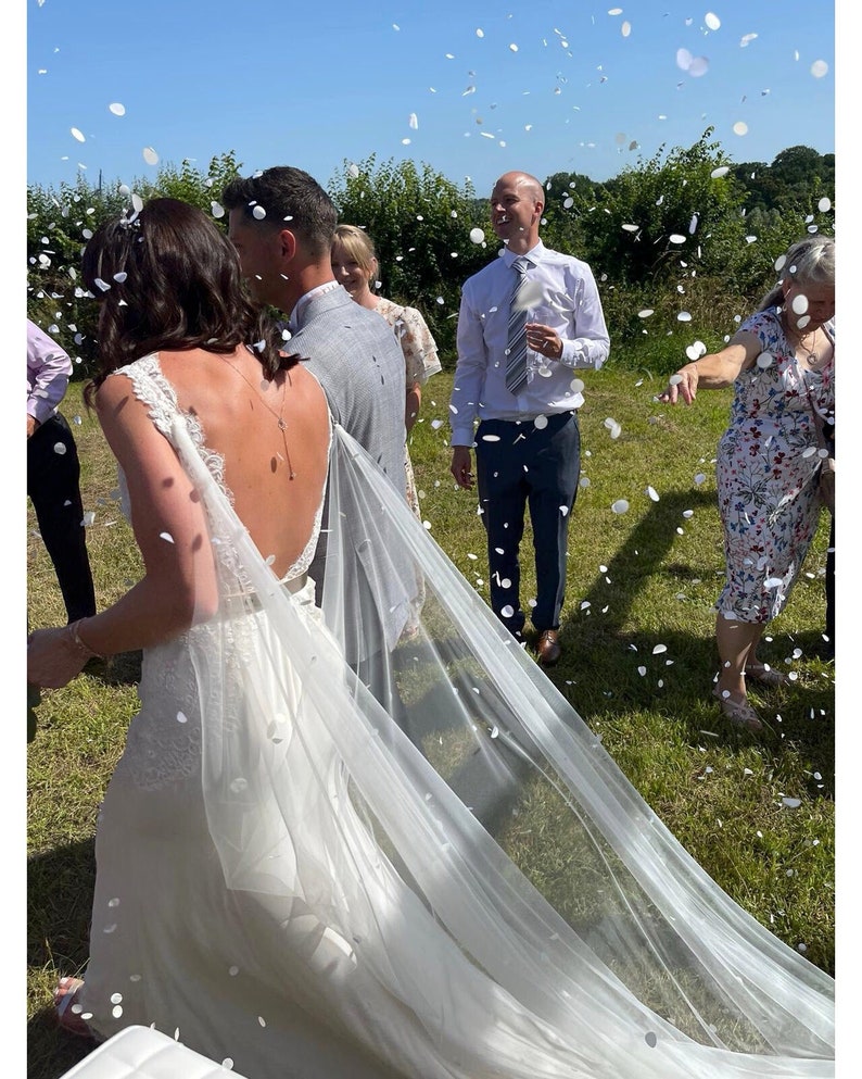 May include: A bride in a white wedding dress with a long veil walks away from the camera. The bride is being showered with white confetti. The bride is walking towards a man in a blue suit and a white shirt. There are other people in the background.