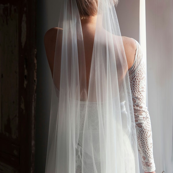 Boho Brautschleier, Boho Hochzeit Schleier drapiert Boho Schleier, weicher englischer drapierter Tüllschleier Fingerspitze Kapelle Kathedrale Braut Boho Tüllschleier