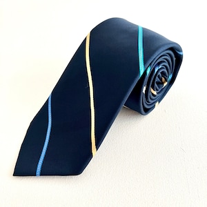 Puede incluir: Una corbata azul oscuro con rayas diagonales en amarillo, azul claro y turquesa.