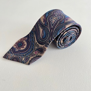 May include: A blue, pink, and beige paisley patterned tie. The tie is rolled up and the pattern is visible.