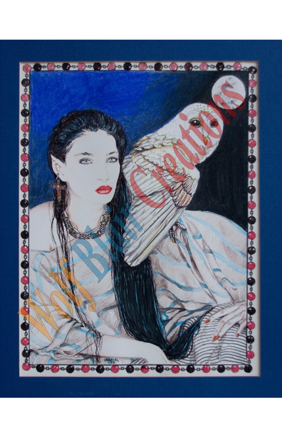 Elven Lady with Owl Drawing Print 11x17