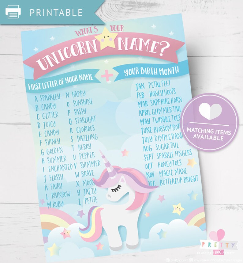 Unicorn Printable Name Game Unicorn Party Game Unicorn Name | Etsy
