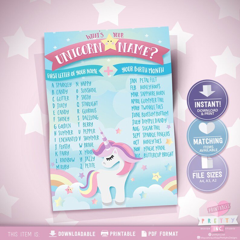 unicorn name game unicorn party game whats my unicorn name etsy