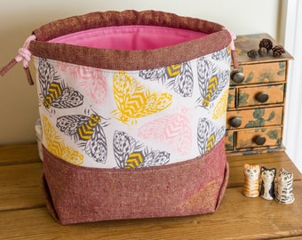 Cotton Bee Print Project Bag: Metallic Copper Essex Linen Drawstring Bag