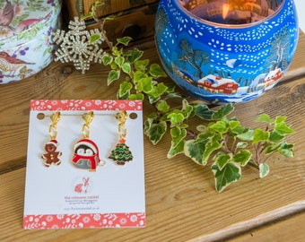 Stitch marker, progress keeper Christmas set.  A set of 3 metal and enamel Christmas themed charms, perfect for knitting or crochet