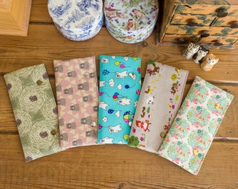 DPN holder, cosy or case for dpns made with fun cotton and linen blend prints, with metal press studs