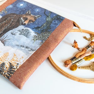 Embroidery, cross stich or tapestry stitchers' project bag, fully padded and lined with a pocket and open wide zip, featuring a wintery fox image 3