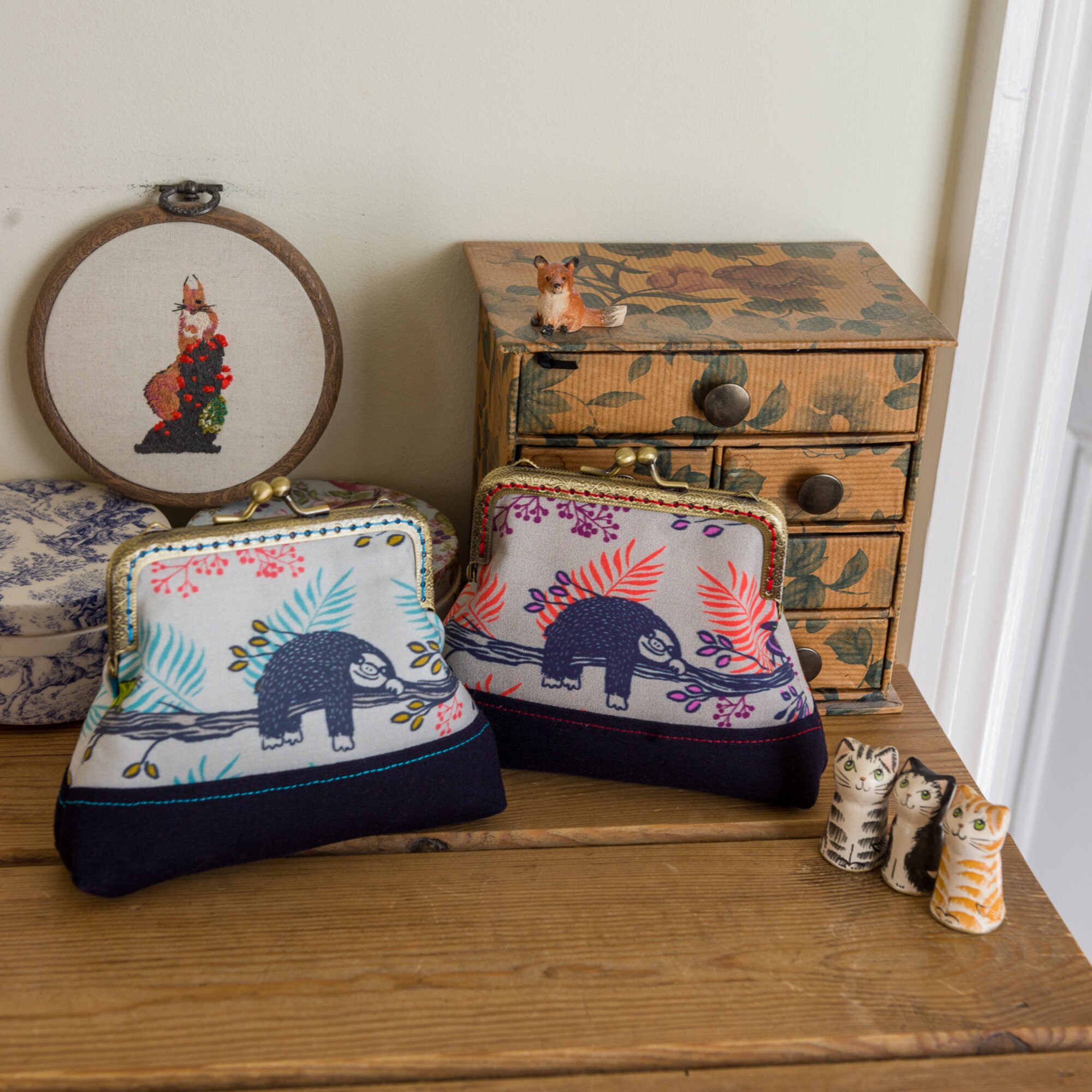 Large Coin Purse Made With Fun Sloth Print on Cotton With Navy Essex Linen and Hand Stitched Metal Frame Etsy Ireland