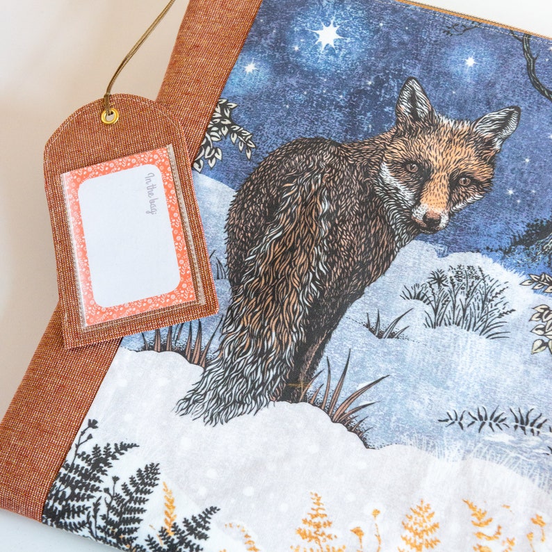 Embroidery, cross stich or tapestry stitchers' project bag, fully padded and lined with a pocket and open wide zip, featuring a wintery fox image 2