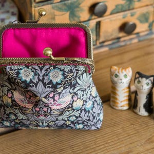 Coin purse made with Strawberry Thief Liberty Lawn, Essex Linen lining, and a hand stitched bronze colour metal frame, choice of 3 colours image 4