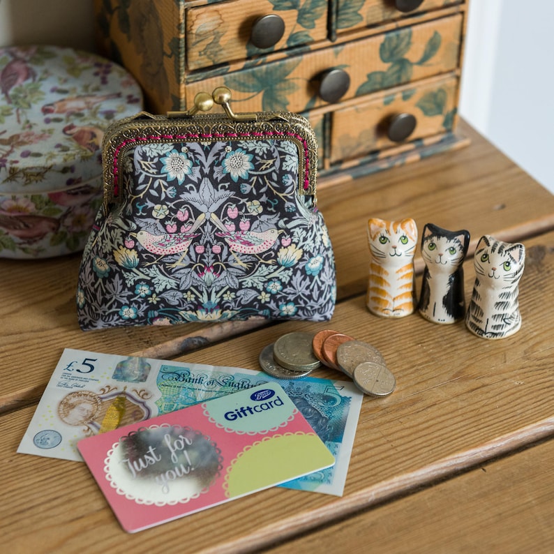 Coin purse made with Strawberry Thief Liberty Lawn, Essex Linen lining, and a hand stitched bronze colour metal frame, choice of 3 colours image 9