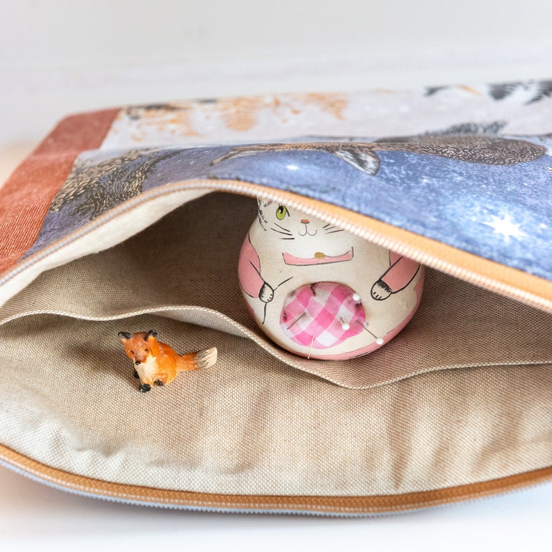 Embroidery, cross stich or tapestry stitchers' project bag, fully padded and lined with a pocket and open wide zip, featuring a wintery fox image 4