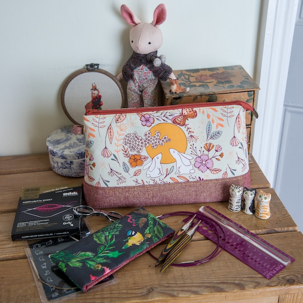 Moon Hare interchangeable needles bag with room for a set of interchangeable knitting needle tips, cables, accessories and roll of DPNs