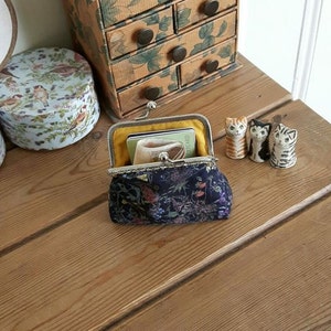 Coin purse made with Mauvey print Liberty Tana Lawn, a golden lining, and a hand stitched bronze colour metal frame image 5