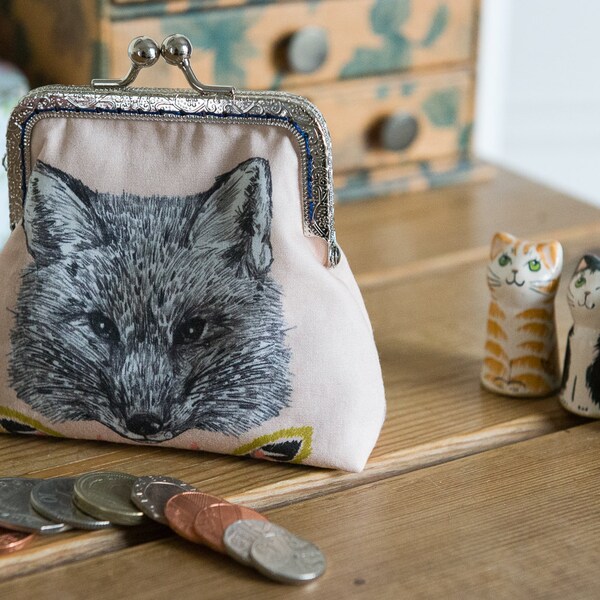 Coin purse made with 'Foxy Loxy' cotton print from Hawthorne Threads, a navy lining, and a hand stitched silver colour metal frame