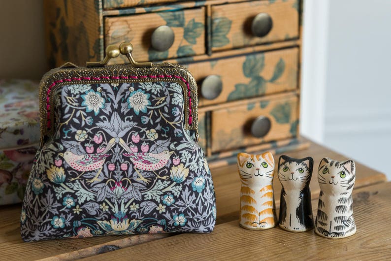 Coin purse made with Strawberry Thief Liberty Lawn, Essex Linen lining, and a hand stitched bronze colour metal frame, choice of 3 colours Gray