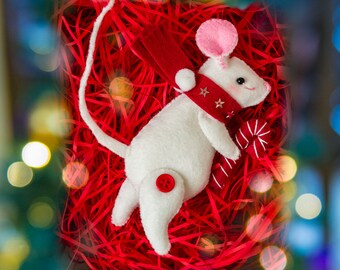 Christmas Mouse, hand-stitched heirloom wool felt ornaments, wearing scarves, carrying candy canes with added sparkles, perfect for tree