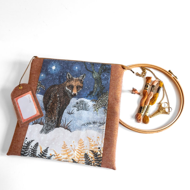 Embroidery, cross stich or tapestry stitchers' project bag, fully padded and lined with a pocket and open wide zip, featuring a wintery fox image 1