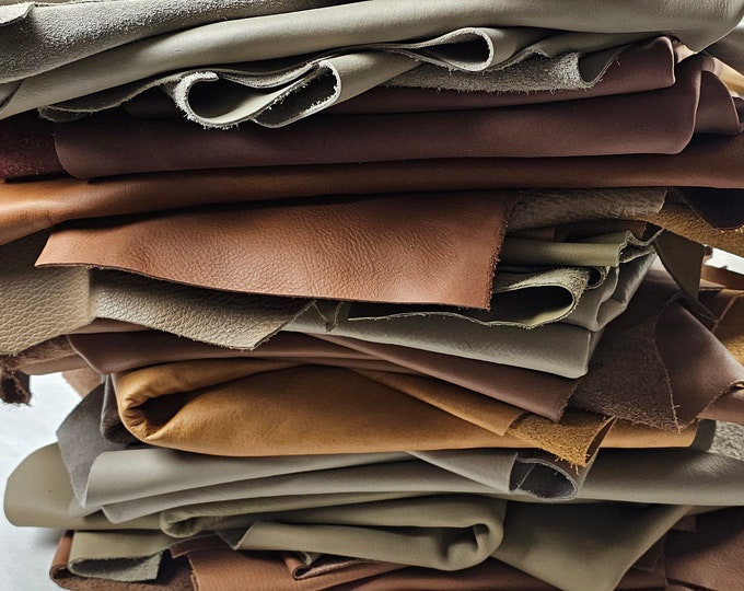 Earth Tone Leather Scraps 1-2 sq. ft, Full grain leather Cowhide Pieces ...