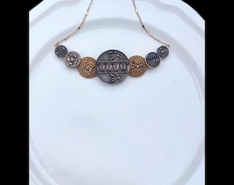 Vintage Cut Steel Button Necklace | Floral Antique Button Collar, Gold Chain
