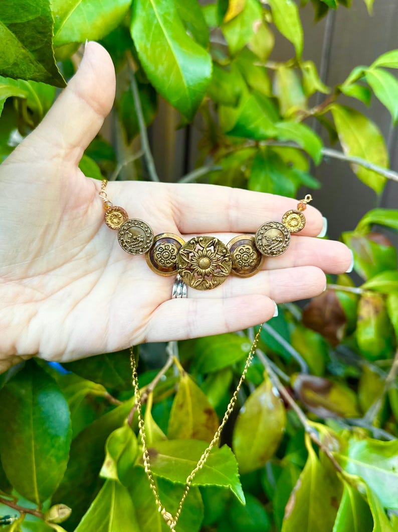 Vintage Brown Celluloid and Gold Brass Sunflower Button Necklace and