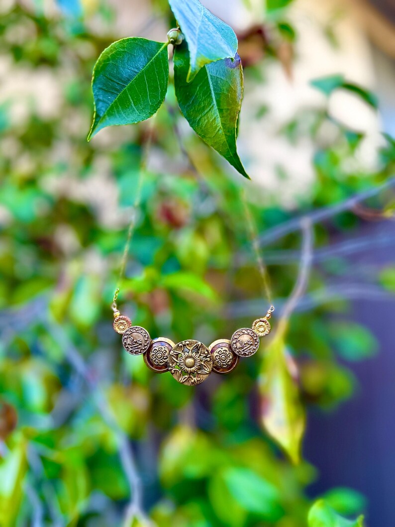 Vintage Brown Celluloid and Gold Brass Sunflower Button Necklace and