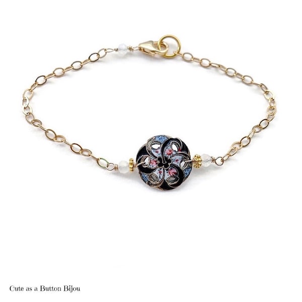 14K Gold Filled Antique Champleve Enamel Button Bracelet with Moonstone Beads