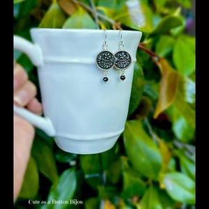 Vintage Metal Shank Floral Button Earrings with Black Glass Beads and Sterling Silver Earrings
