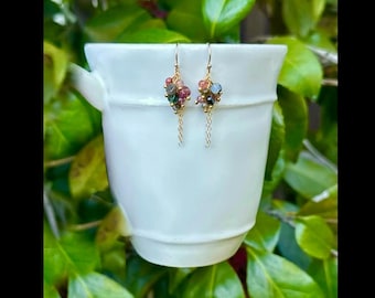 14k Gold Filled Tourmaline Disc Bead and Round Bead Cluster Dangle Earrings
