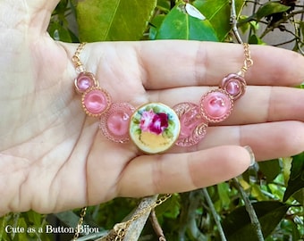 Vintage Pink Rose  Moonglow Glass Button and Porcelain Button Necklace with Rose Quartz Beads and Gold Brass Chain